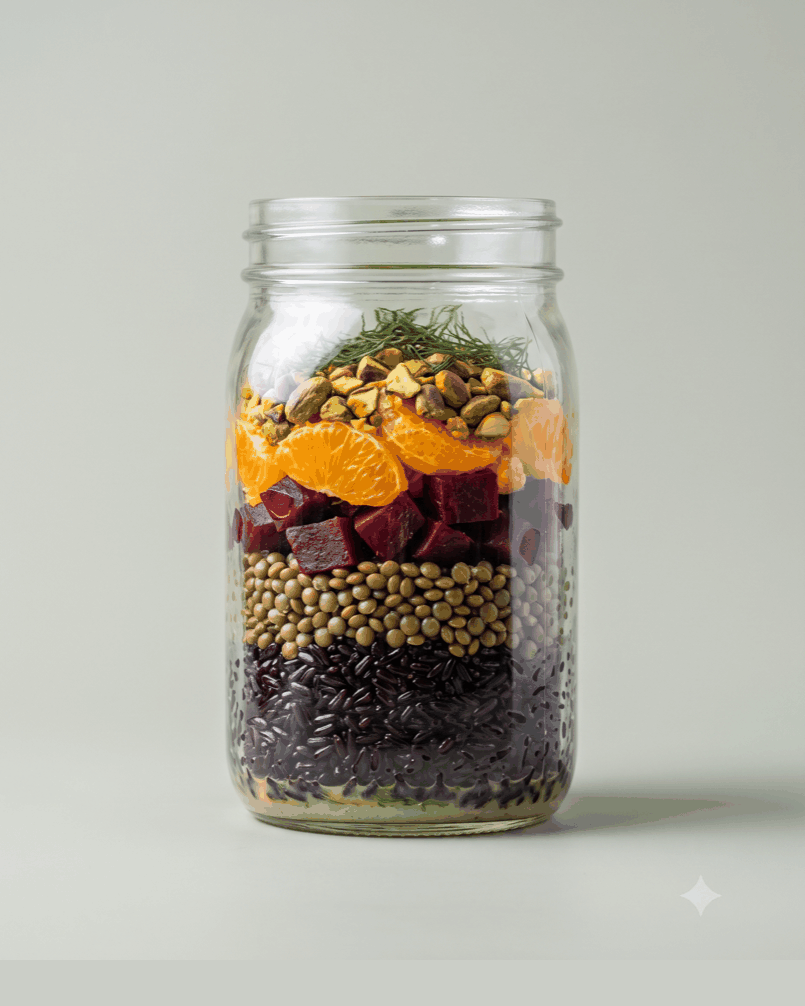 Foil-roast beets, black rice, French lentils, orange segments, pistachio and dill. Garnet on black.